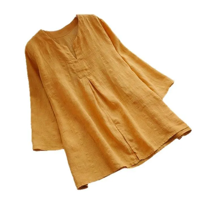 

2025 Solid Color Women's Cotton And Linen Casual Loose Fitting Cloth Top For Women