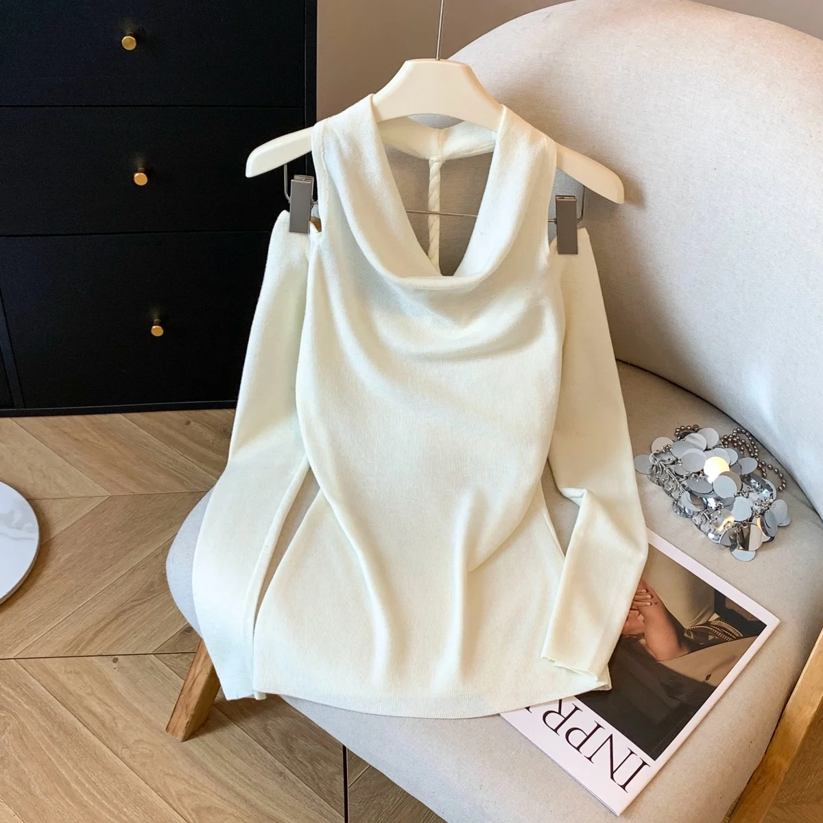 

Retro Hong Kong Sle Sexy Knitted Top oulder And Ba Exposure V-Ne Loose Fit Autumn Winter Women's Faion Soft Nylon