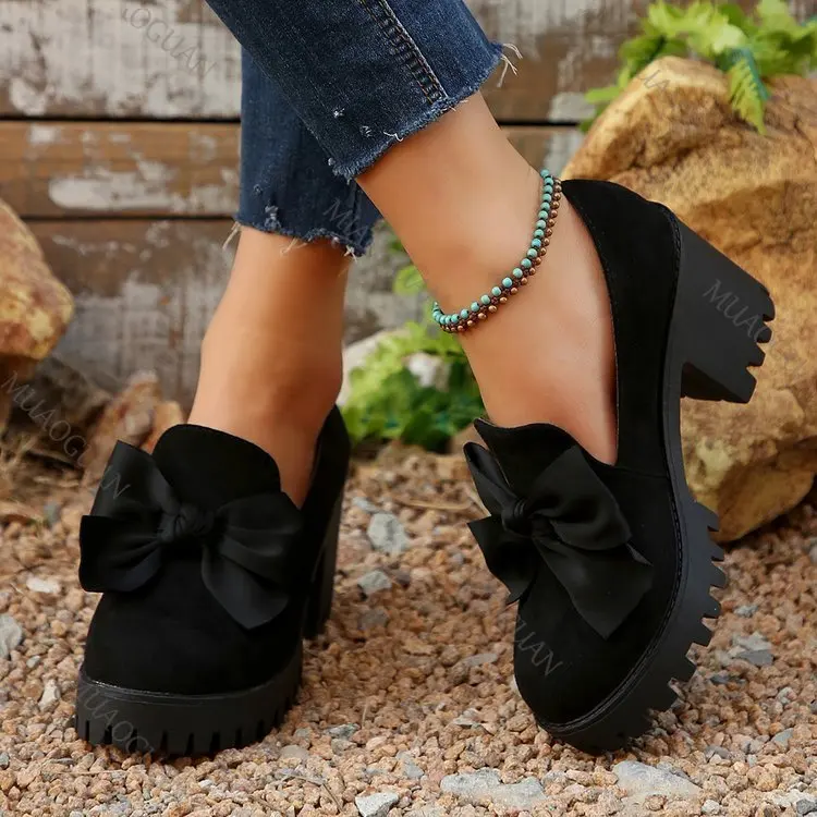 Black Suede Women's Loafers, Round Toe With Bow, Slip-on, Thick High Heel_voghion.com
