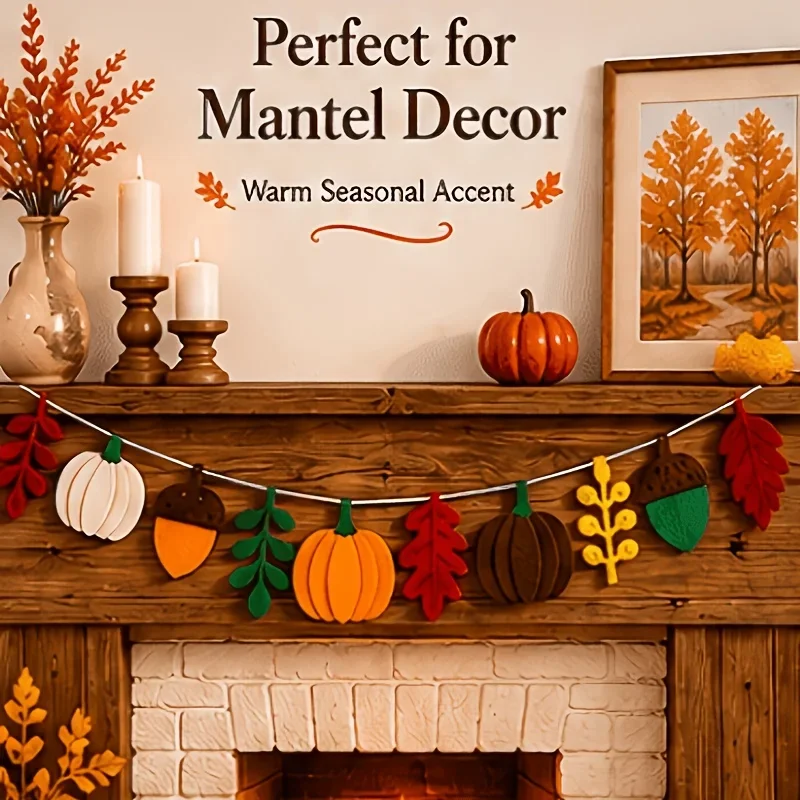 Fall Felt Garland Banner Pumpkin Acorn Maple Leaf Bunting Thanksgiving Harvest Home Mantel Fireplace Wall Hanging Decor
