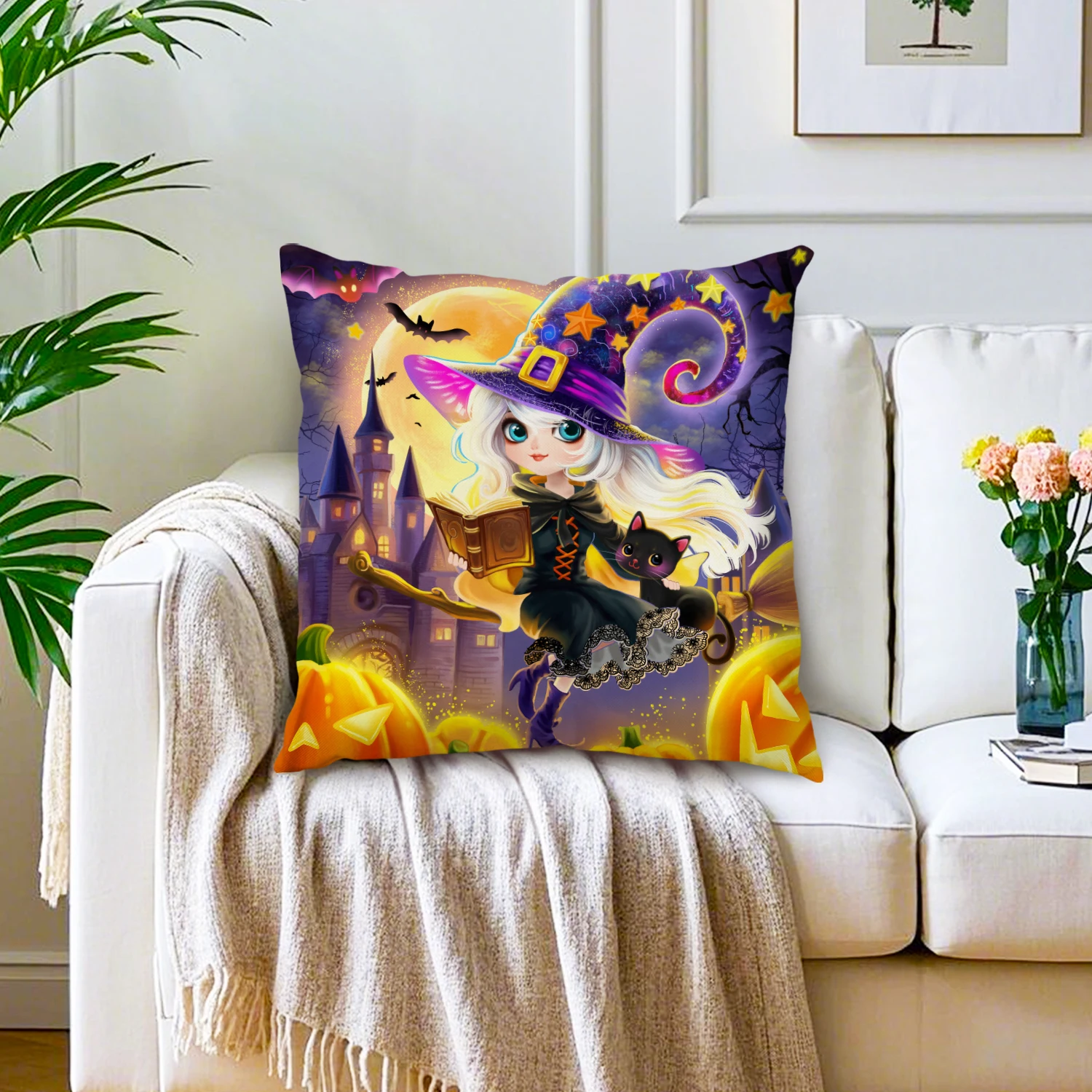 Halloween Witch Theme Cushion Cover with Black Cat Pumpkin Broom Haunted Castle Design Decorative Pillow Case for Sofa Living Ro