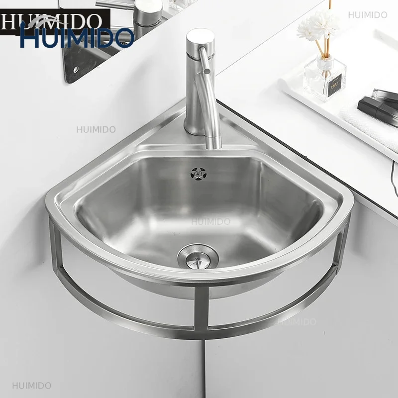 Wall Mounted Stainless Steel 304 Bathroom Wash Basin Kitchen Sink with Triangle Bracket for Corner