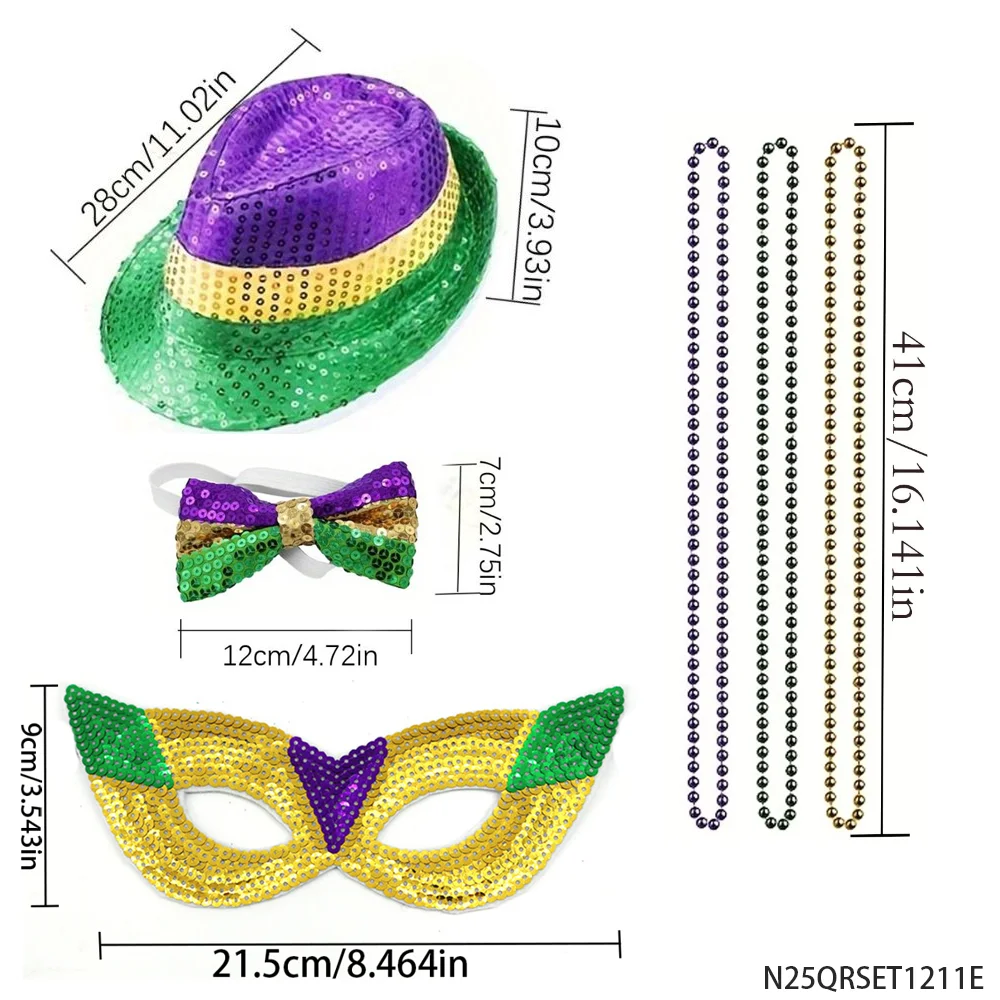 PESENAR Mardi Gras Conjunto de fantasia de lantejoulas Chapéu Máscara de gravata borboleta Colar de contas Acessório de festa