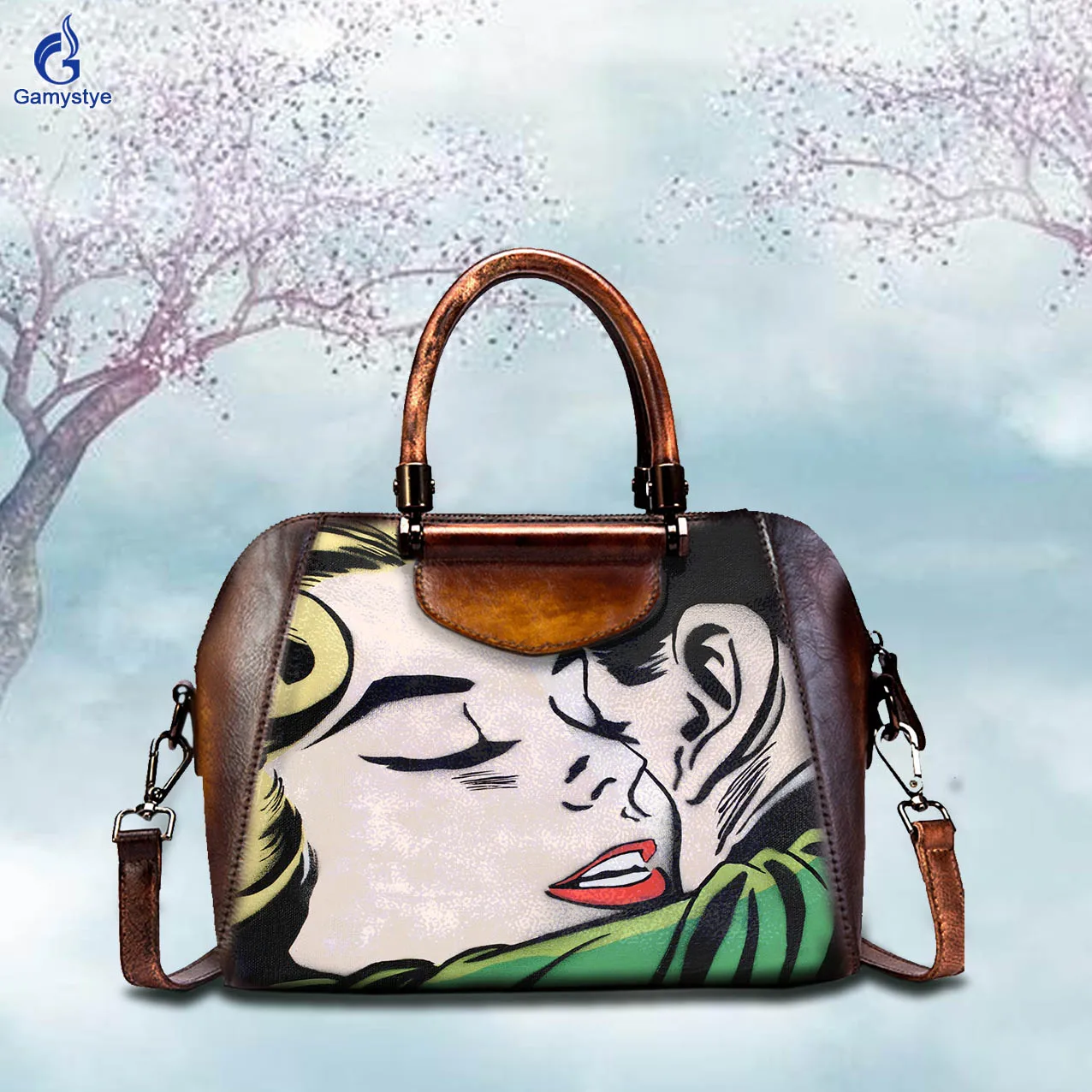 

Art Hand-Painting Customize Totes People who hug each other Ladies purse and handbag Messenger Clutch Totes Cowhide Togo Leather