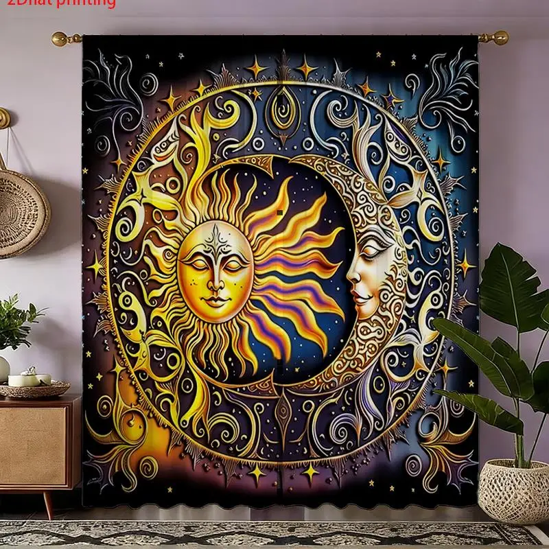 Huge Bohemian Zodiac Curtain 2pcs Sun Moon Celestial Cosmic Art Window Drapes Mystical Boho Style Home Decor