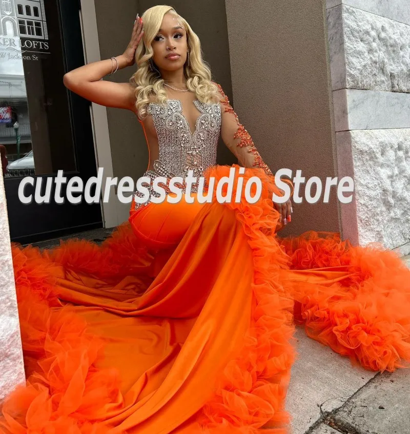 Luxury Split Orange Prom Dresses 2024 BlackGirl Beading African Women Pageant Party Gowns One Shoulder Vestido De Graduación