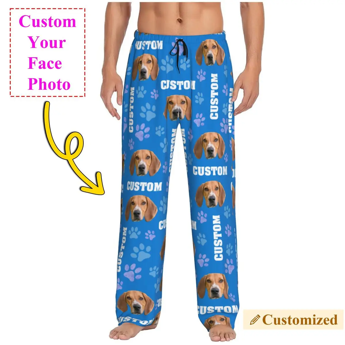 

Custom Dog Photo Pajama Pants Men's Personalized Pet Portrait Name Design Lounge Sleep Drawstring Sleepwear Bottoms with Pockets