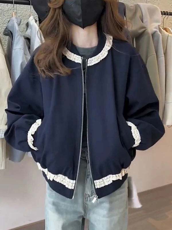 

plus Size 300 Pou Women's Korean Sle Baseball Jaet round Ne Lace Trim Splicing Autumn Winter Outerwear Coat Design S...