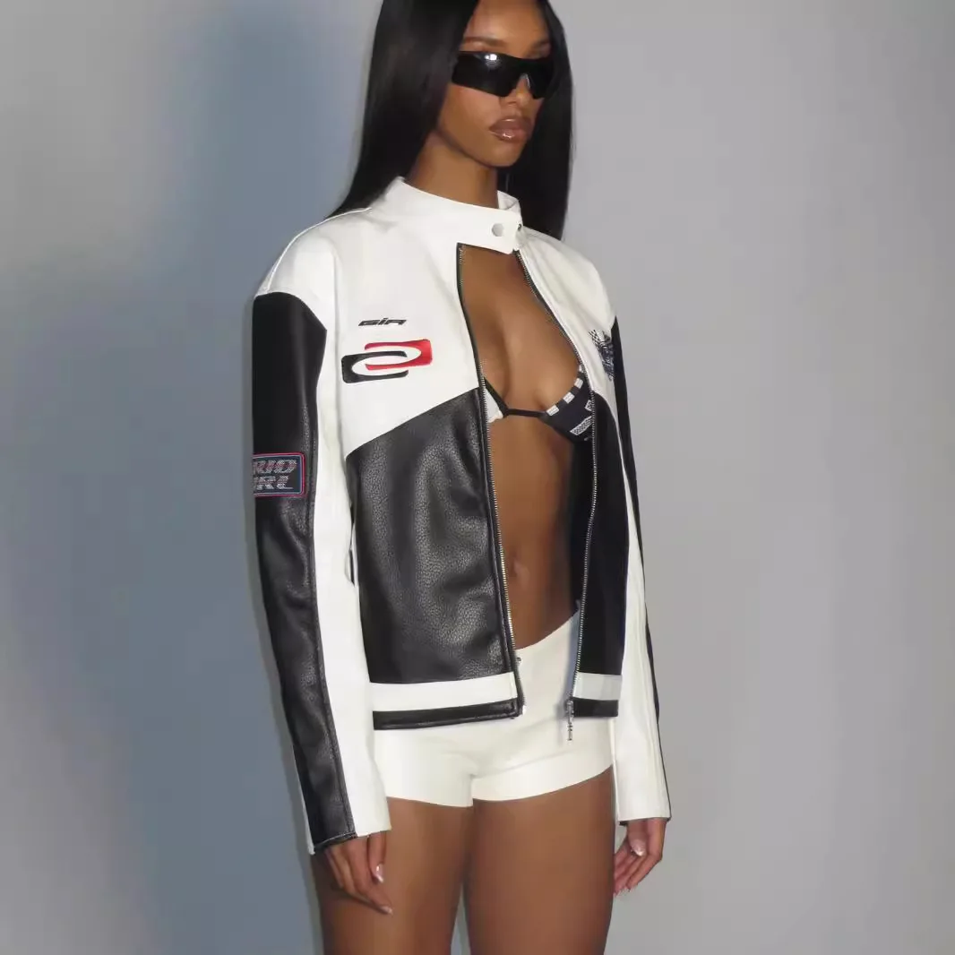 Kurtka motocyklowa Cool Street Sle, damska, odzież wierzchnia, czarna, biały kontrastowy kołnierz z zamkiem błyskawicznym, szerokie kołnierze, skórzana kurtka z PU.