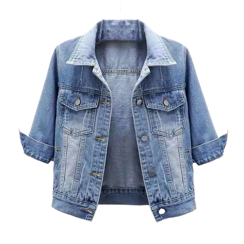 Women Spring Autumn Denim Jacket Tops Pink Color Solid Short Multicolor Feminino Three Quarter Sleeve Jean Jacket Size S-5XL