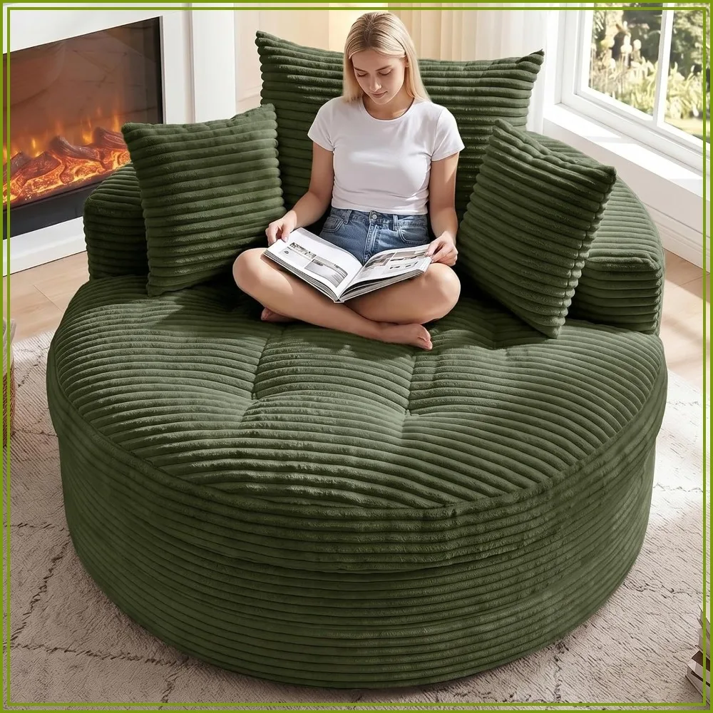 Oversized Round Chaise Lounge Chair, Deep Seat Corduroy Floor Sofa with 3 Pillows, No Assembly