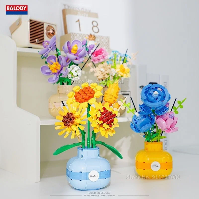 

New Flower Bouquet with Vase Compatible Building Blocks Sunflowers Adult Assembled Flower Pots New Year Room New year Decoration