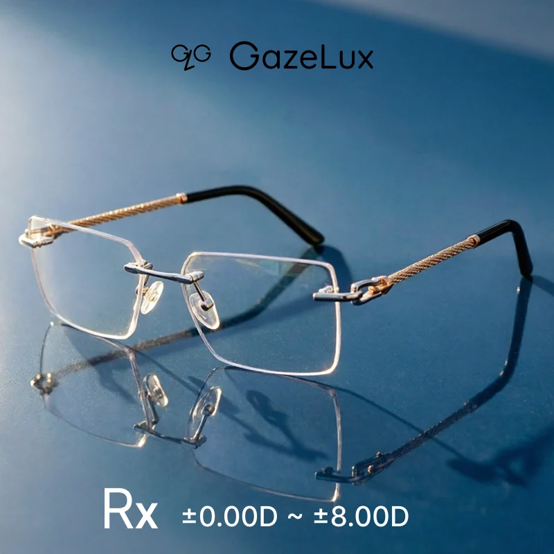

Gazelux Men's Luxury Metal Rimless Myopia Glasses, Lightweight, Gold Rectangle, Custom Lenses for Office&Professional Work