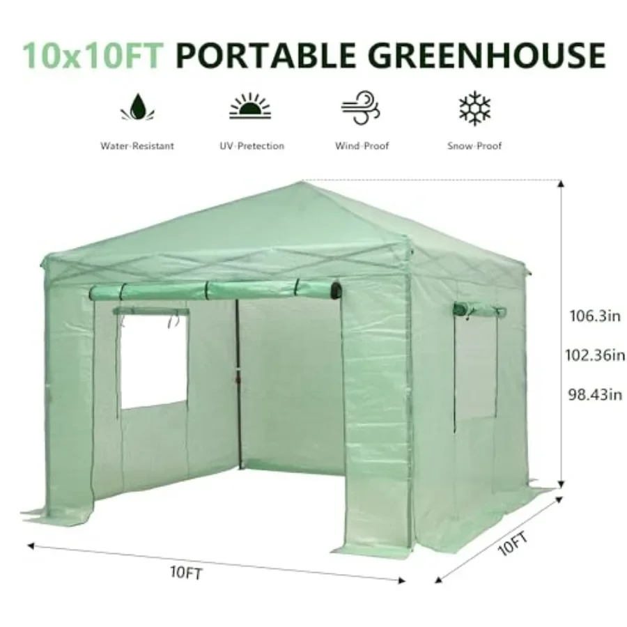 10X10FT Instant Pop-up Greenhouse, Walk-in Plant Gardening Green House with PE Cover/Roll-Up Zipper Doors/Side Windows for Indo
