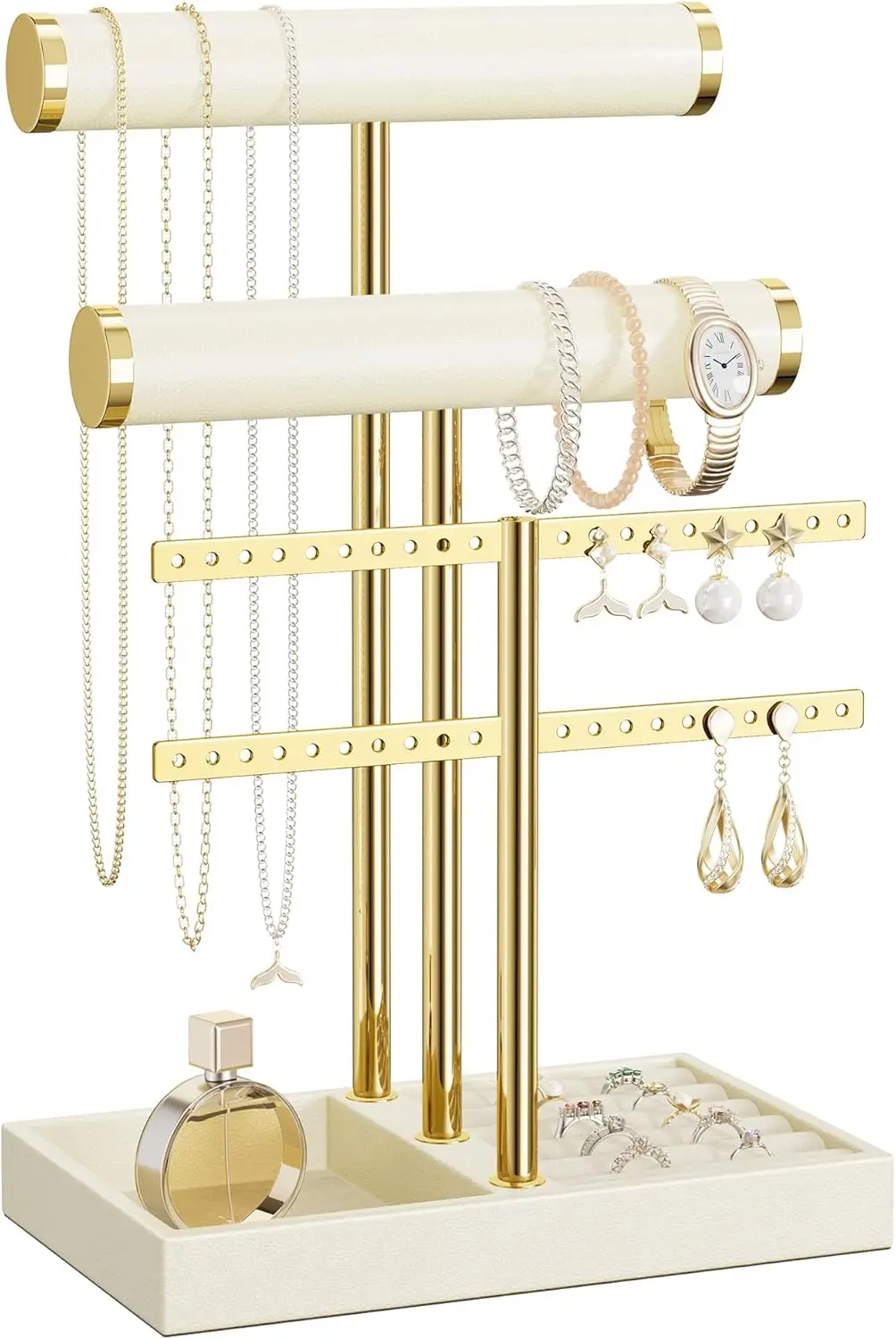 

3 Tier Bracelet Holder Display - Beige Leather Bracelet Holder, Detachable T Bar Jewelry Holder Organizer for Bracelet, Necklace, Earrings, Rings, Watches, Bangle