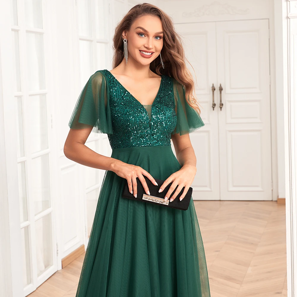 Hot Sale Short Sleeve Evening Dresses V-Neck Sequin Embroidery Long Party Gown Elegant A-Line Tulle Formal Dress