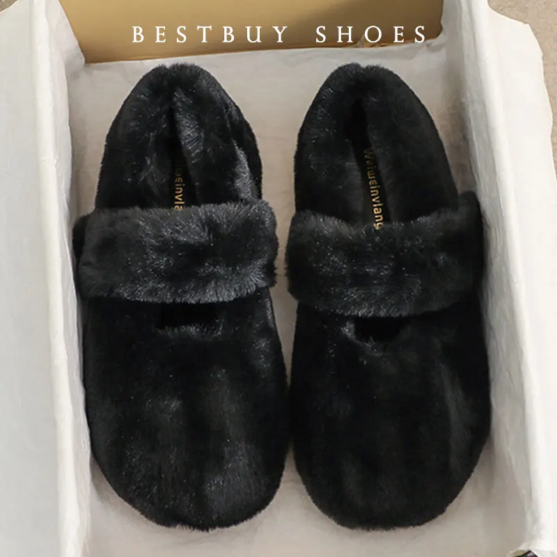 

Size 33-43 Fairy Fur Belt Mary Jane Shoes Woman Winter Cotton Ballets Rabbit Hair Loafers Femme Warm Fluffy Fur Flats Mocasines