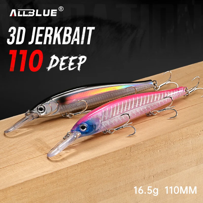 ALLBLUE 3D Jerkbait Tieflaufender Wobbler Angelköder 110mm 16,5g 3DS Rollender Langsam Sinkender Kunstköder für Barsch und Hecht Angelzubehör