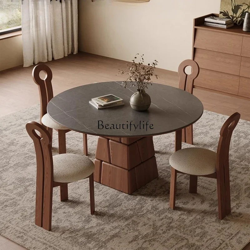 

yj15 Solid Wood Rock Plate Dining Table Round Nordic Retro White Wax Wood Walnut Color Wabi-Sabi Style