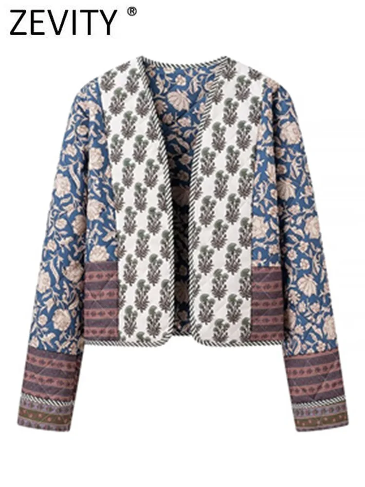 

ZEVITY New Women Vintage Cloth Patchwork Floral Print Quilted Cotton Jacket Coat Female Winter Chic Open Stitching Tops CT7164
