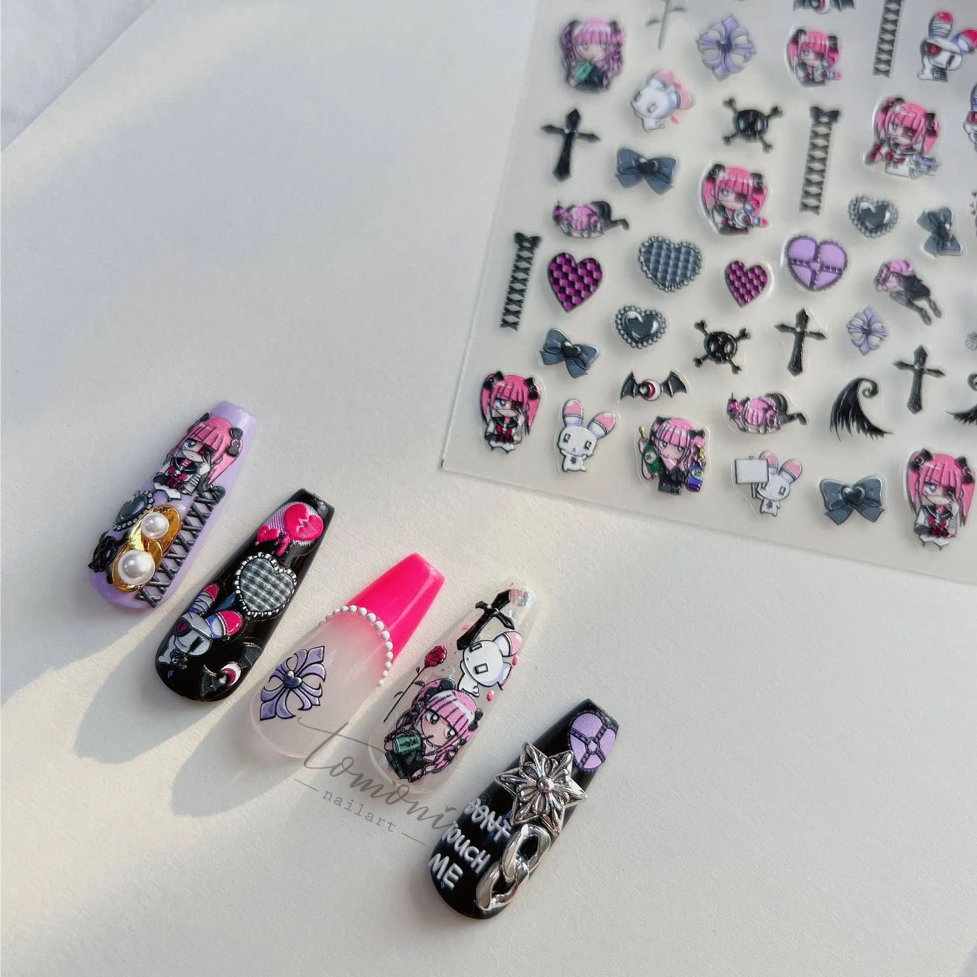 

1 Sheet Punk Girl Nail Stickers Press on Nails 6D Embossed Pattern Self-Adhesive Cute Kawaii Nail Art Decals for Manicure DIY