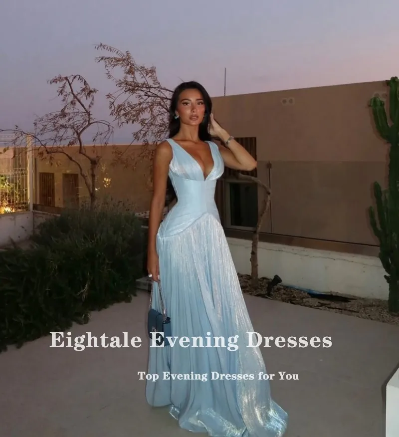 Eightale Evening Dresses V-Neck Pleats Light Blue Customized Floor Length Side Slit V-Neck Prom Party Gown vestido de fiesta