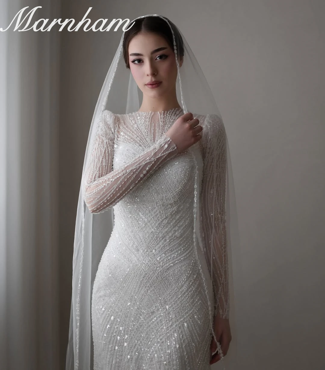 Marnham Exquisite Mermaid Wedding Dress Bridal Gown Embroidered Lace Two Pieces Detachable High-Neck Vestido De Novia Customized