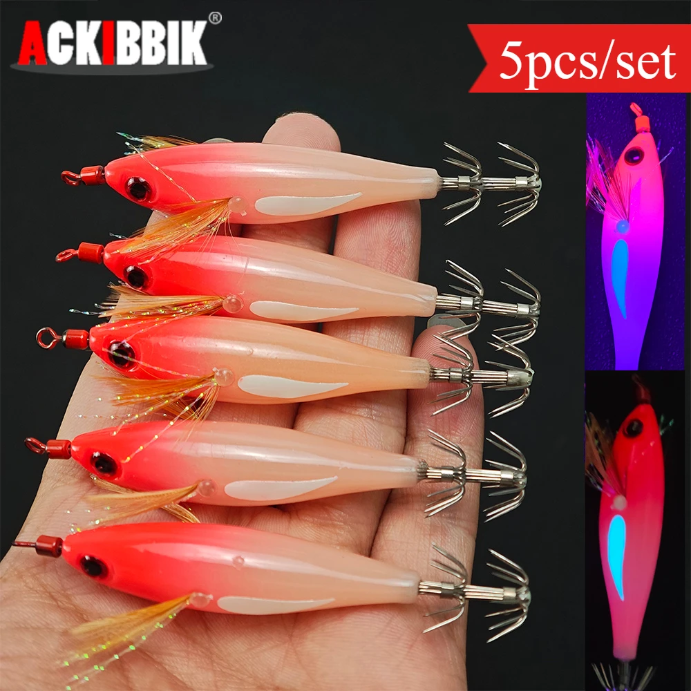 5pcs/set Horizontal Squid Jig Egi Set,Glow Squid Jig Kit,Wood Shrimp Lures,Artificial Bait for Squid, Octopus, Cuttlefish