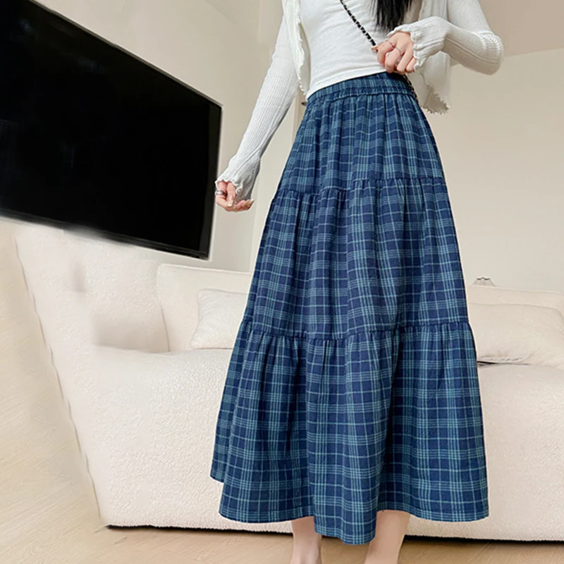 レトロなオールマッチチェック柄ミディスカート レディース シンプルファッション プリーツAラインスカート 女性用 薄手 ハイウエスト スイングスカート