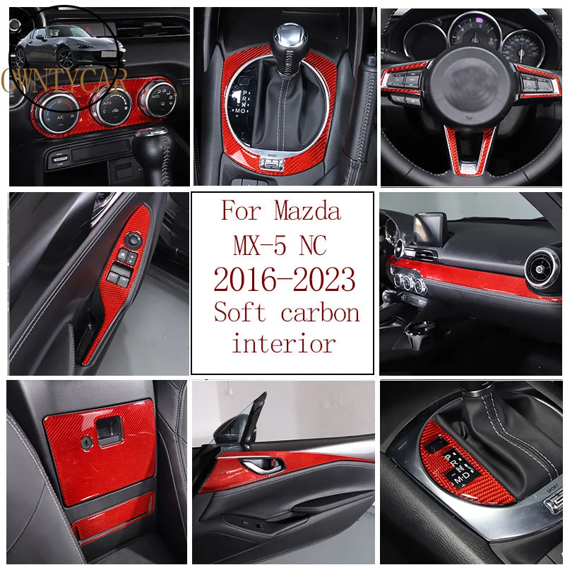 Red Soft Carbon Fiber For Mazda MX-5 NC 2016-23 Car Center Control Dashboard Steering Wheel Door Armrest Decorative Accessories