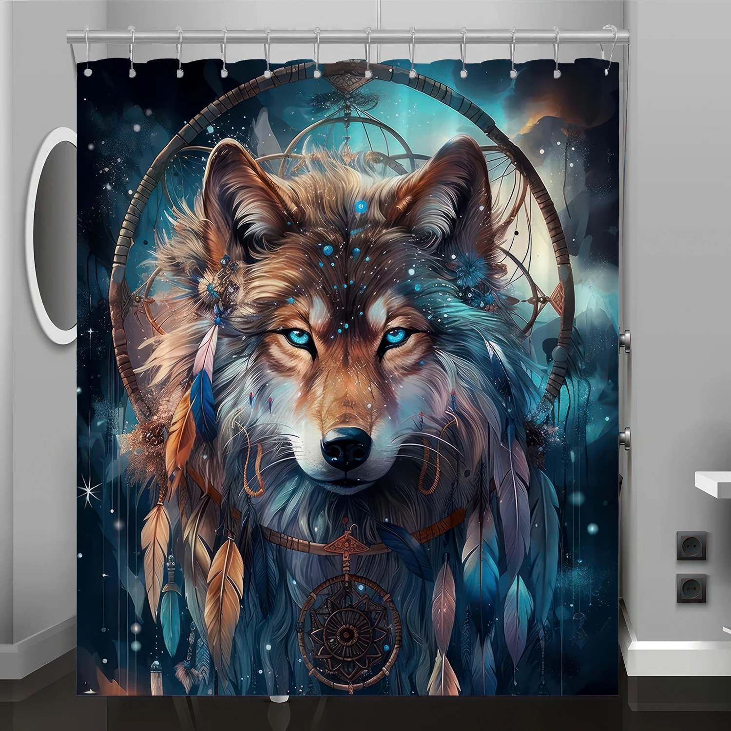 Wolf pattern digital print shower curtain, bathroom décor home décor, free hooks