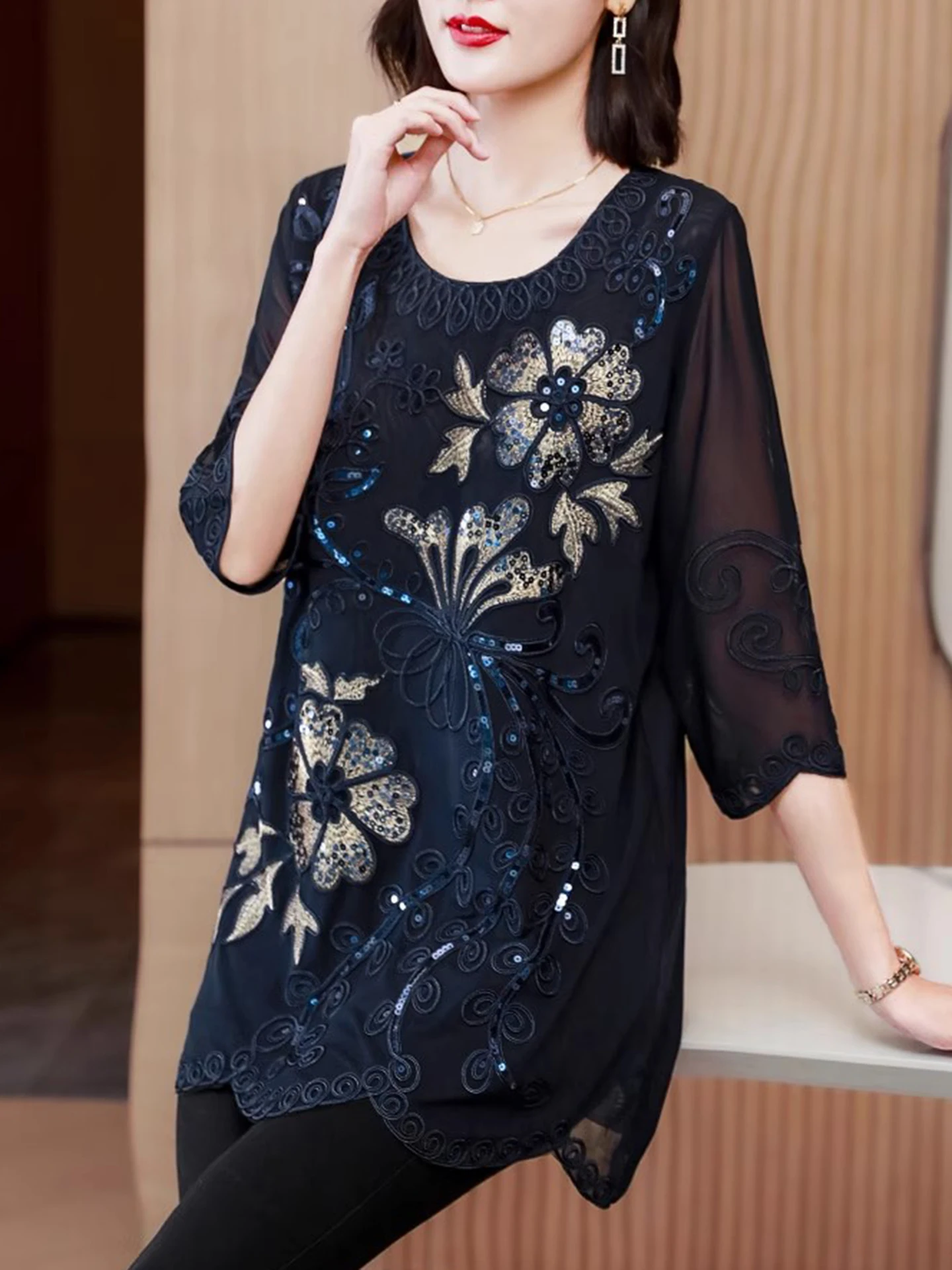 

Большой женский элегантный топ с круглым вырезом и талией с рукавами 3/4, темно-синий топ с цветочной вышивкой, обязательный комплектный топ на весну и осень