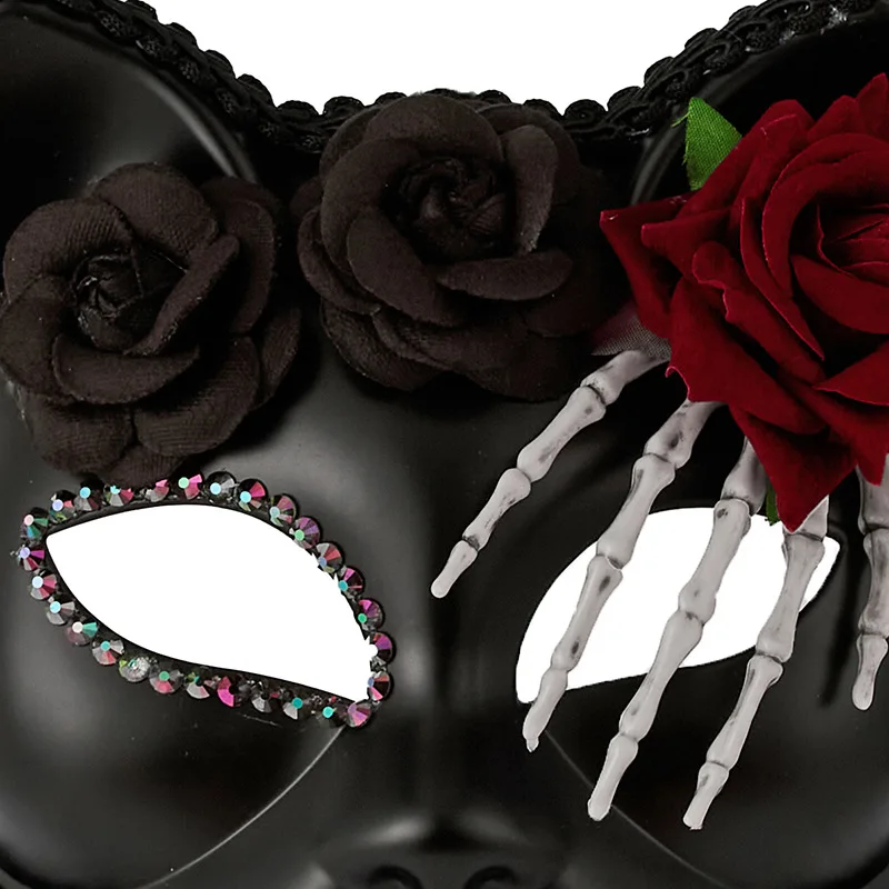 البندقية حفلة تنكرية القوطية الهيكل العظمي اليد الأحمر روز الزخرفية نصف قناع الظلام هالوين القط فتاة الرعاية قناع البلاستيك الأسود