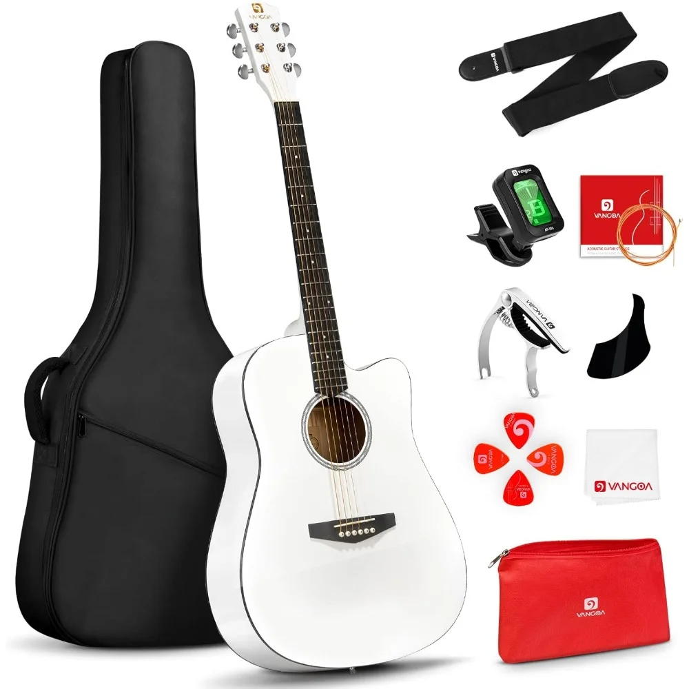 Acoustic Guitar, Cutaway Acoustic Guitar Full Size Dreadnought Acustica Guitarra Bundle with Gig Bag , White Freight free