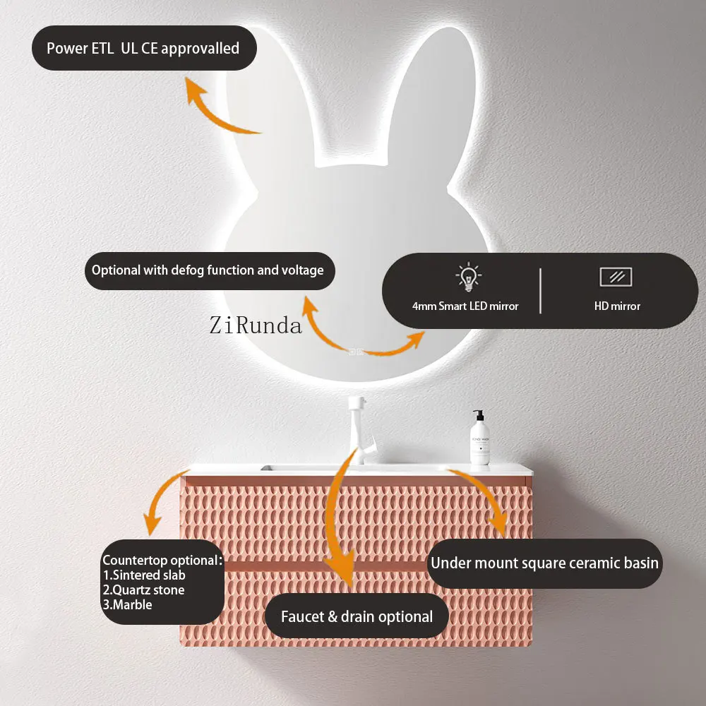 Mobiletto da bagno moderno in legno massello, lavabo in ceramica laccata in stile moderno e specchio per hotel