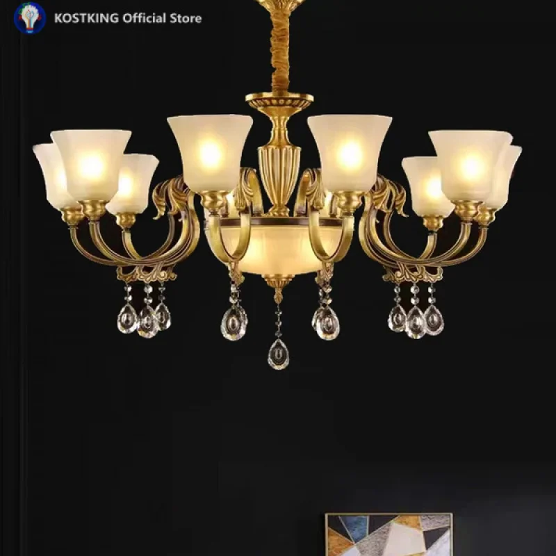 ثريا كريستال فاخرة فيلا دوبلكس غرفة المعيشة الثريات النحاسية الأوروبية خمر مصباح الغلاف الجوي أضواء المنزل شخصية