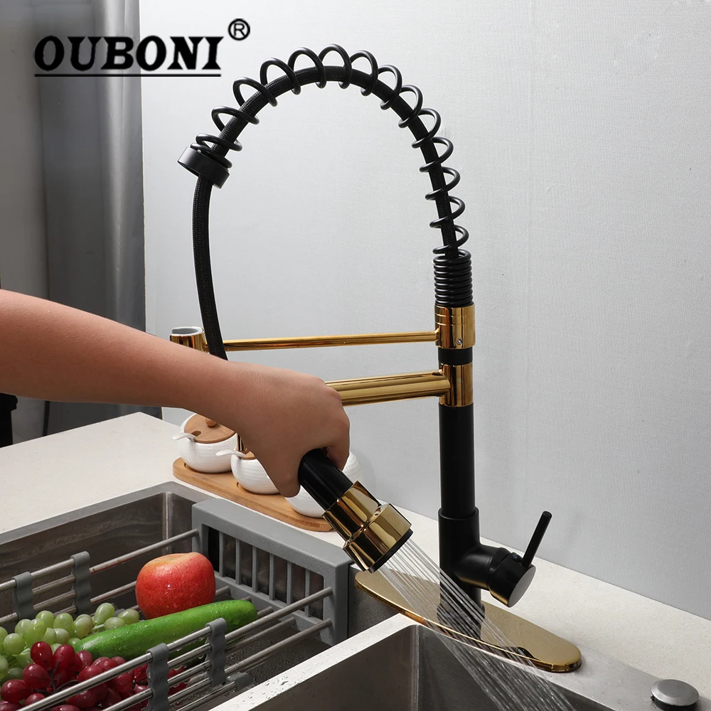 

OUBONI выдвижной латунный смеситель для кухонной мойки, двойной излив, вращающиеся на 360° смесители, многофункциональный смеситель для горячей и холодной воды