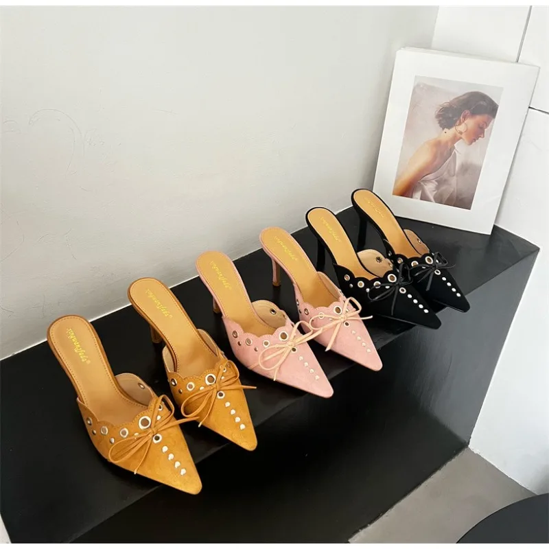 Fashion Rivet Pointed Toe Women Mules Low Thin Heel Slip On Women Heels image 6