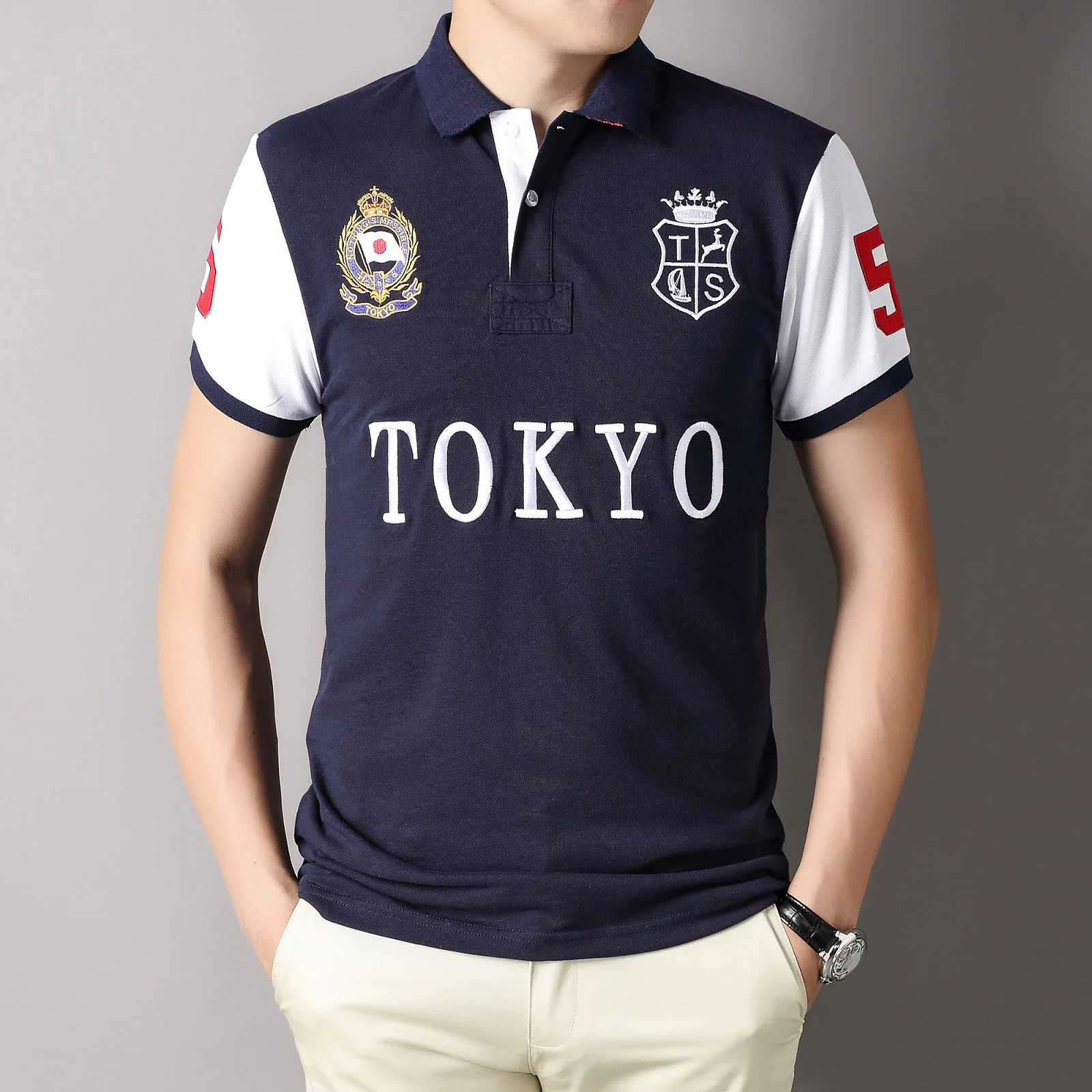 Men's polo shirt Tokyo Japan Royal short sleeve leisure sports party cotton embroidered luxury contrast color original design