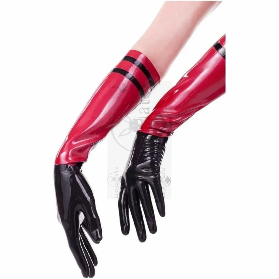 

customized Black And Red Trims Sexy Short Latex Gloves With Stripes Elbow Length Long Rubber Mittens clubwear