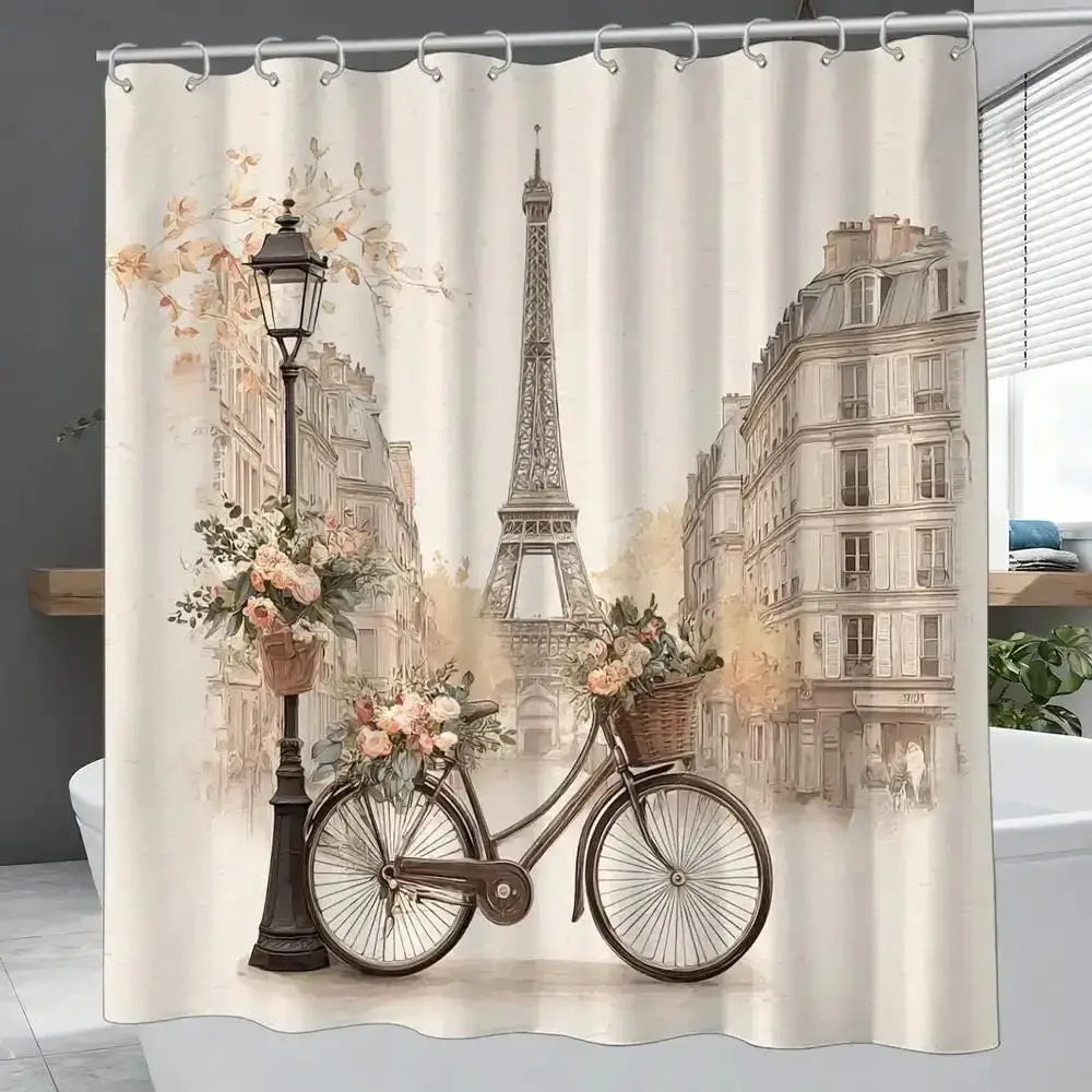 Waterproof Shower Curtain Paris Eiffel Tower Art Poster Bathroom Decor Vintage European Style Polyester Home Accent