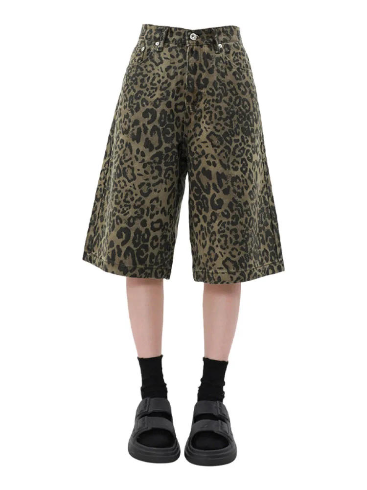 plus Size American Leopard Print Denim Shorts Women's Pear Shaped Body Loose Slimming Wide Leg Seven Inch Pants Casual High W...