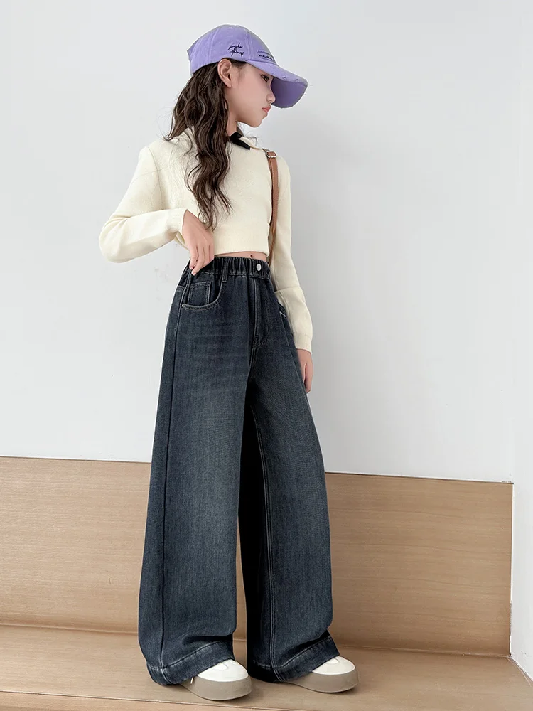 Jeans invernali a gamba larga per ragazze Pantaloni coreani a gamba larga per studenti delle scuole medie intercati Fce Pantaloni casual dal taglio dritto