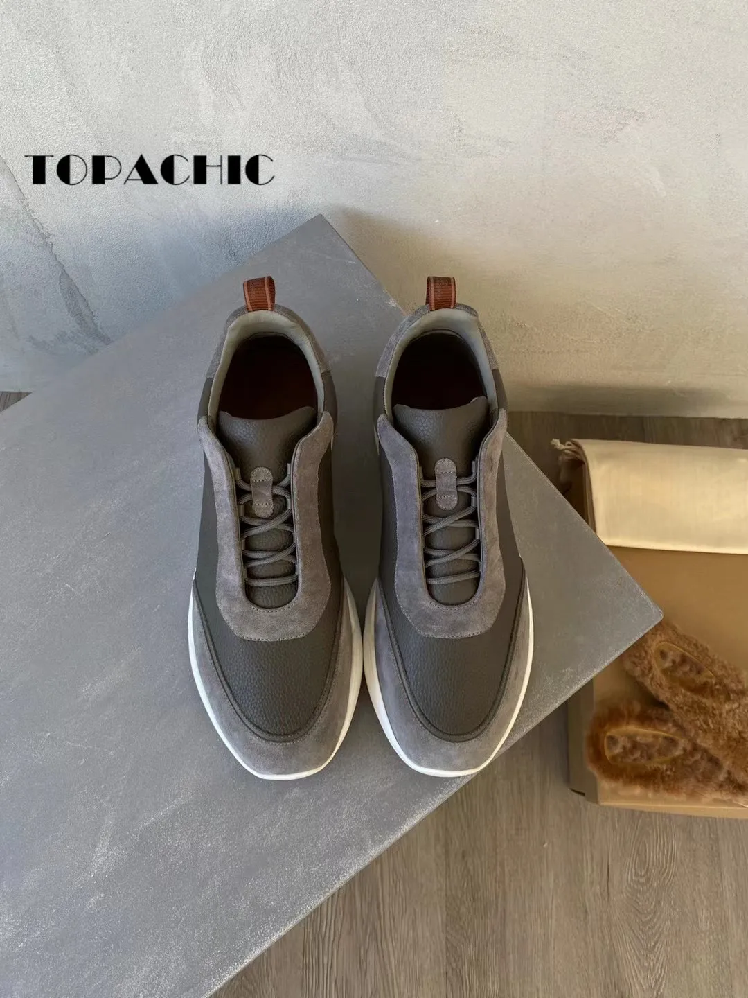 9.11 TOPACHIC Men Fashion New Sneakers Cowhide Spliced Lace-up Round Top Thick Sole Hard-Wearing Casual Shoes