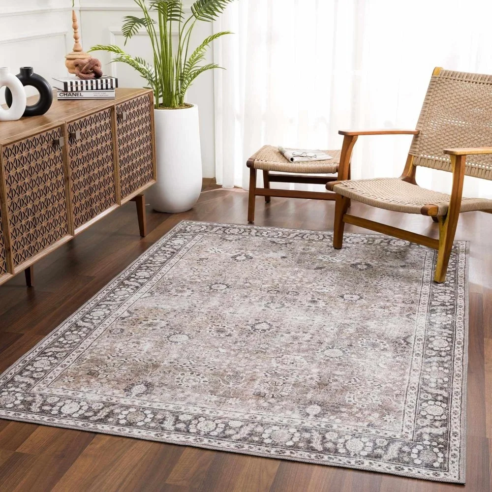 

Vintage Distressed Damask Area Rug - Farmhouse Traditional Floral Faded Carpet for Living Room, Rug