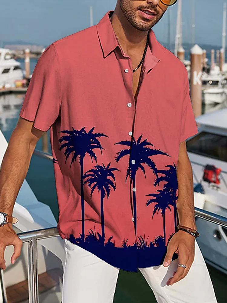 Camisa masculina de manga curta, estilo havaiano, camisa casual de verão, todos os dias, moda masculina, praia, festa, camisa masculina, estampa de árvore de coco