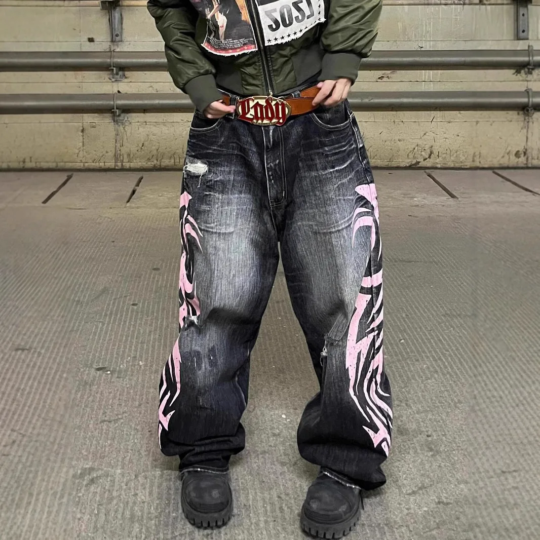 

Unisex American Street Gothic Hip Hop Printed Baggy Jeans Y2K Style High Waist Straight Leg Denim Pants Deep And Light Colors