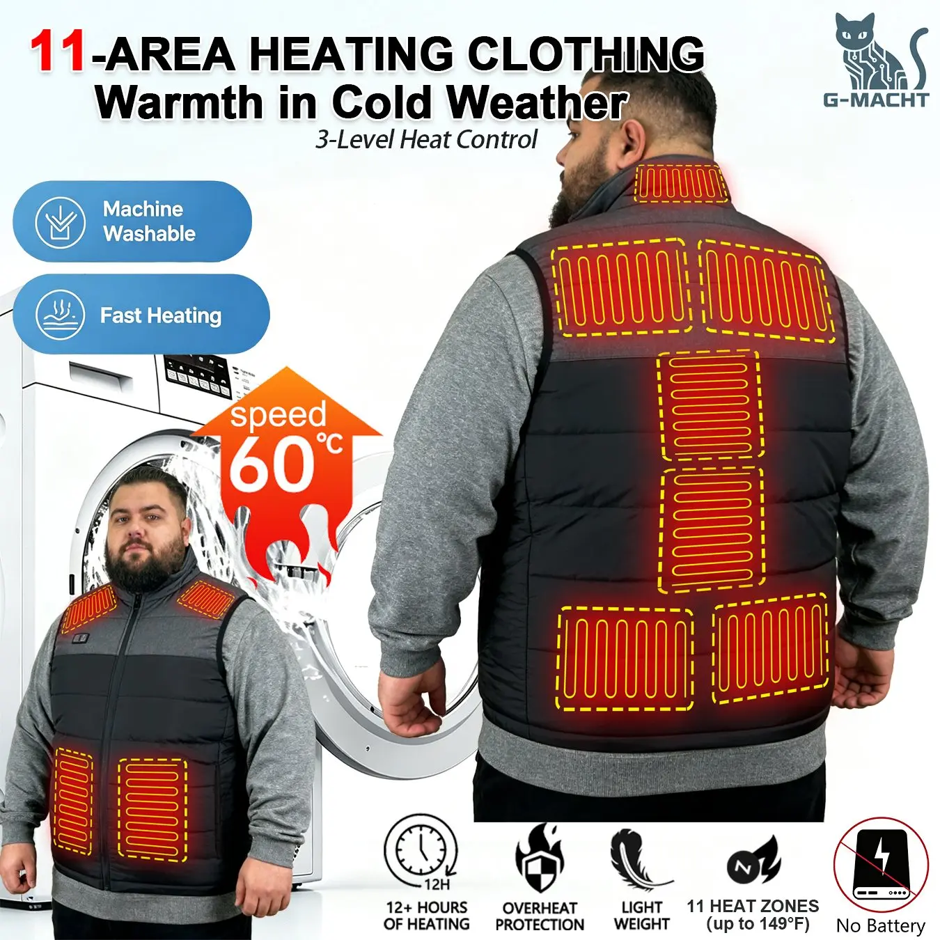 G-MACHT EU Certified Dual Control 11 Heating Zones Stand Collar Heated Vest, Spliced Fleece Lining Electric Thermal Waistcoat