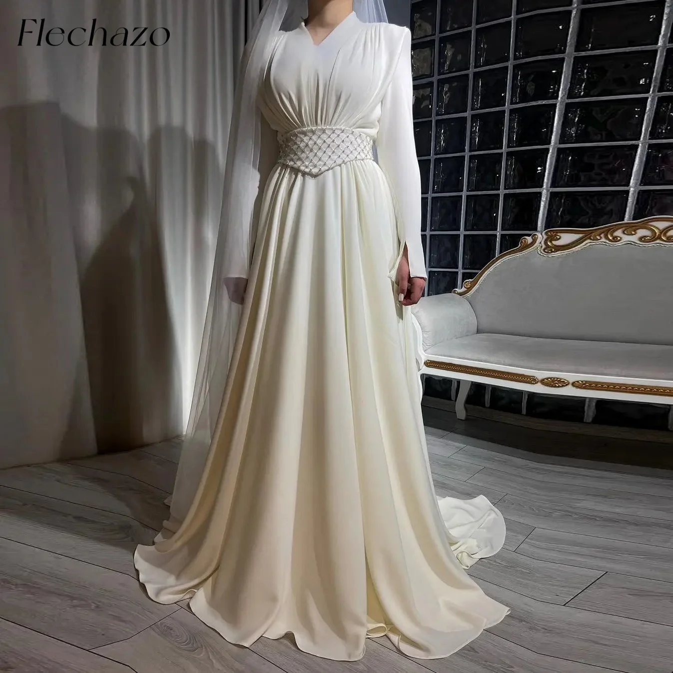 

Flechazo Ivory Plus Size Evening Dress Long Sleeve V Neck Beading Floor-Length Formal Occasion Gown For Women 2024 فساتين السهرة