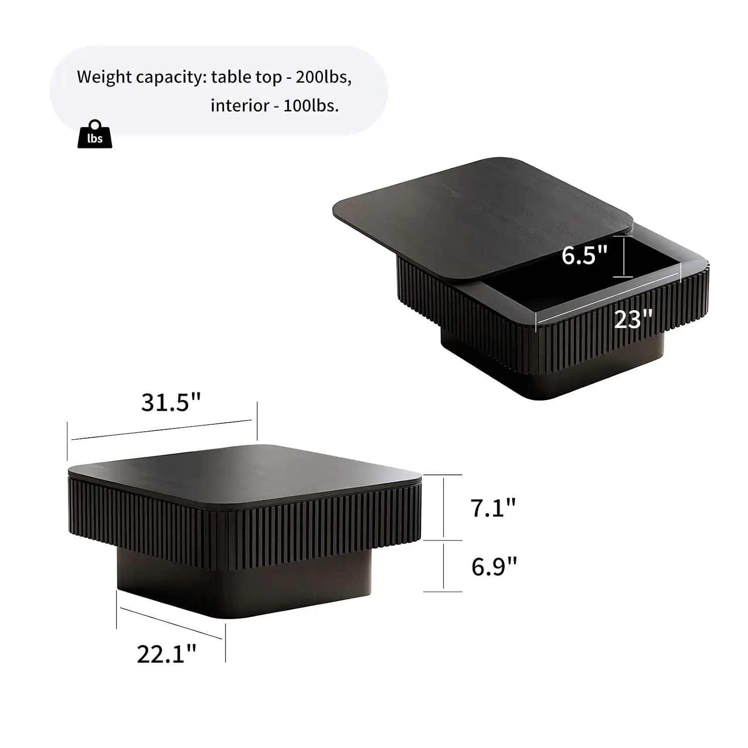 Square Coffee Table Fluted Drum Accent Storage Solid Wood Modern Small Space Office Apartment 31.5